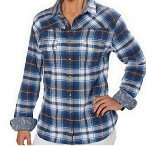 Jachs Girlfriend Bea Flannel Snap button up Front Shirt blue plaid-XS - Picture 1 of 8